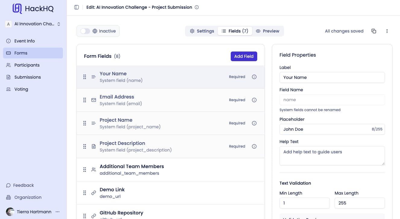 Form builder interface with customizable fields, validation rules, and submission management features